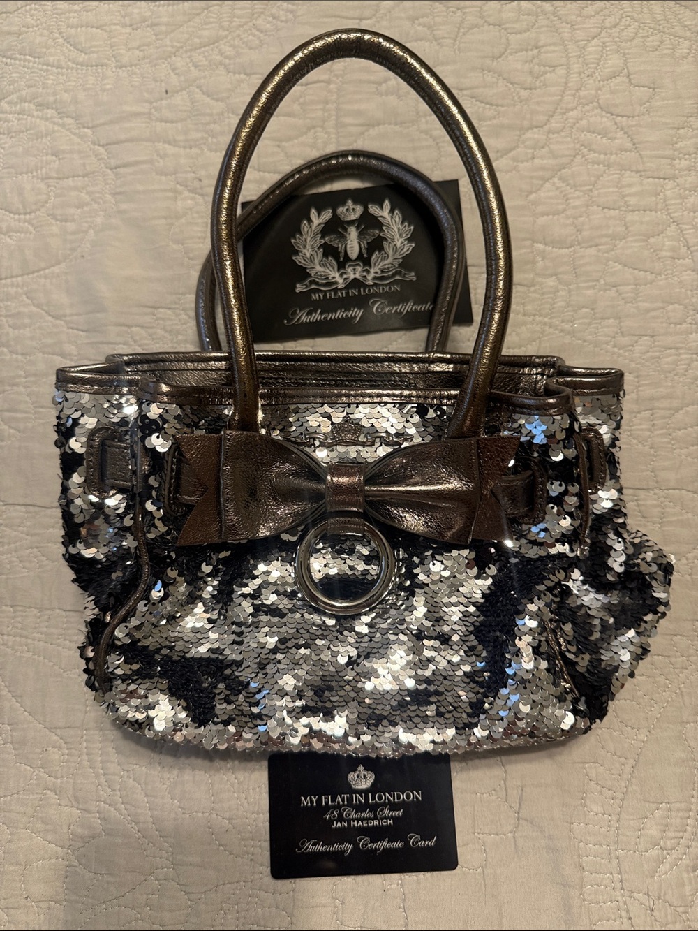 My Flat in London Silver Sequin Tote with Bronze Bow